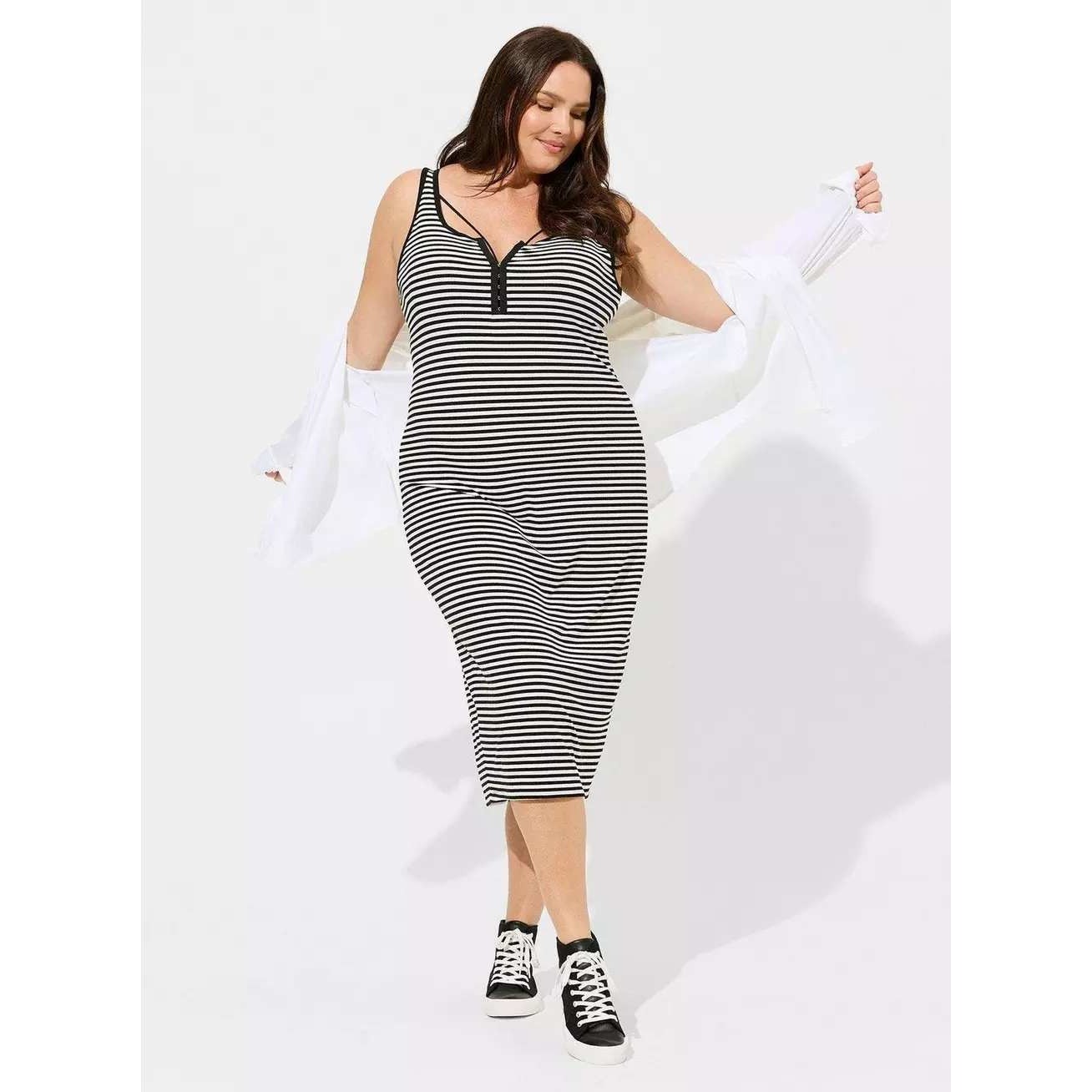 Torrid Black White Striped Ribbed Hook Eye Front Midi Bodycon Tank Dress Womens